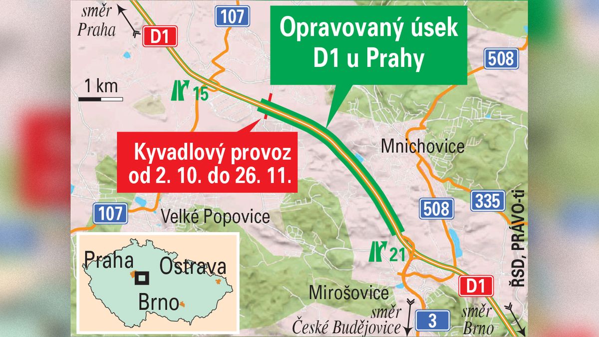 V pátek začínají omezení kvůli opravám na D1 u Prahy